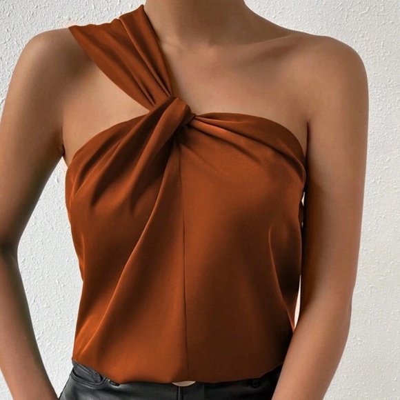 Tops - Rust One Shoulder Solid Satin Blouse